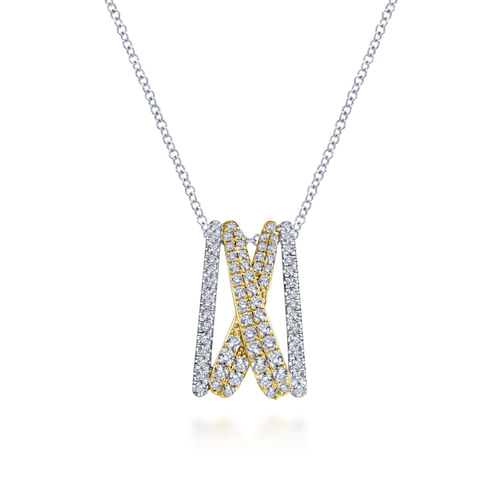 14K Yellow-White Gold Criss Cross Diamond Pendant Necklace