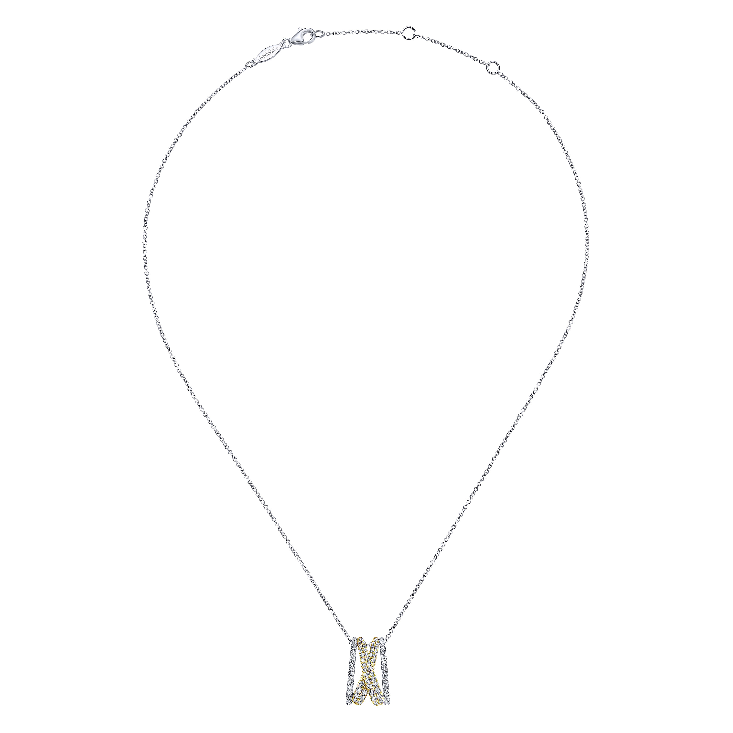 14K Yellow-White Gold Criss Cross Diamond Pendant Necklace