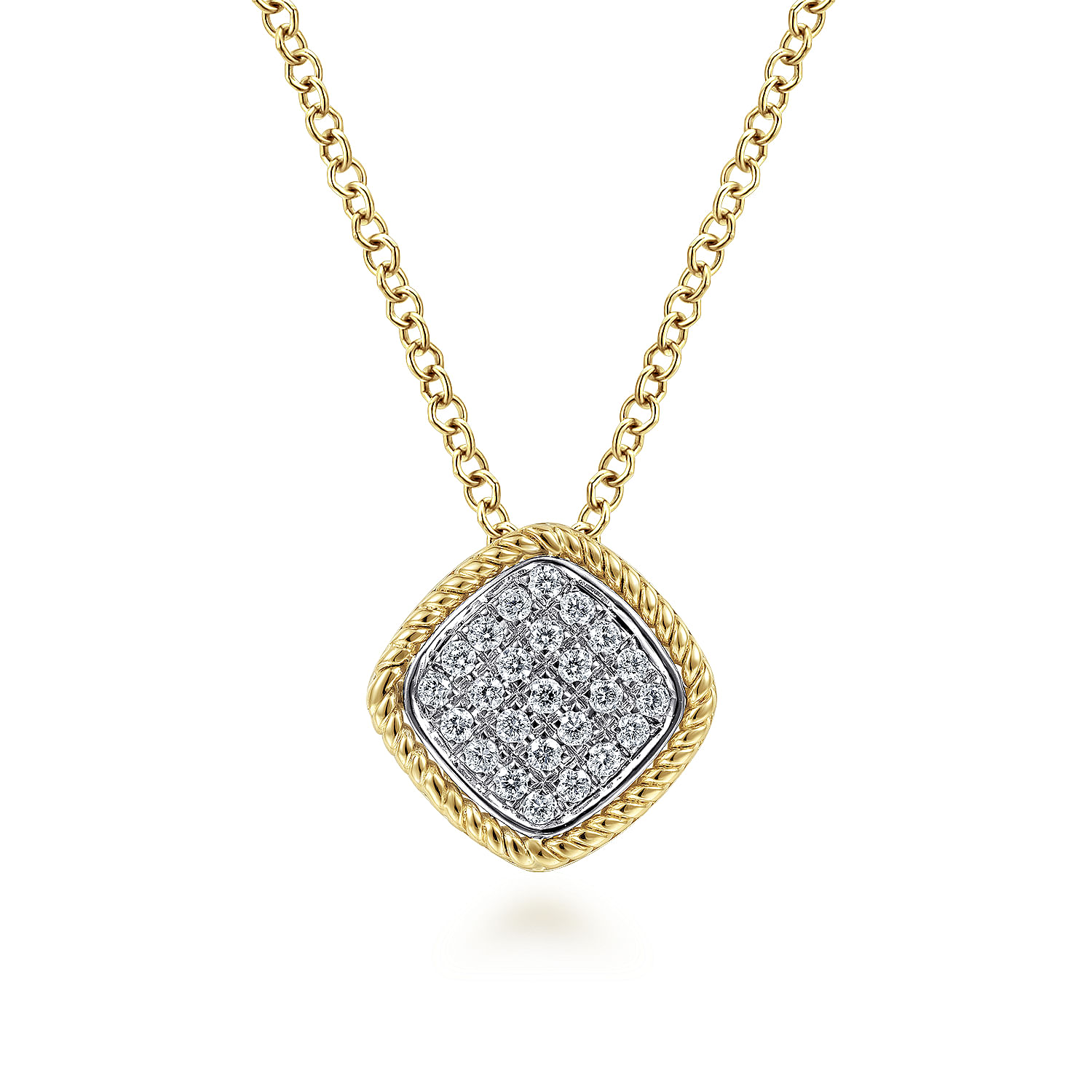 14K Yellow-White Gold Cushion Shaped Pavé Diamond Cluster Pendant Necklace