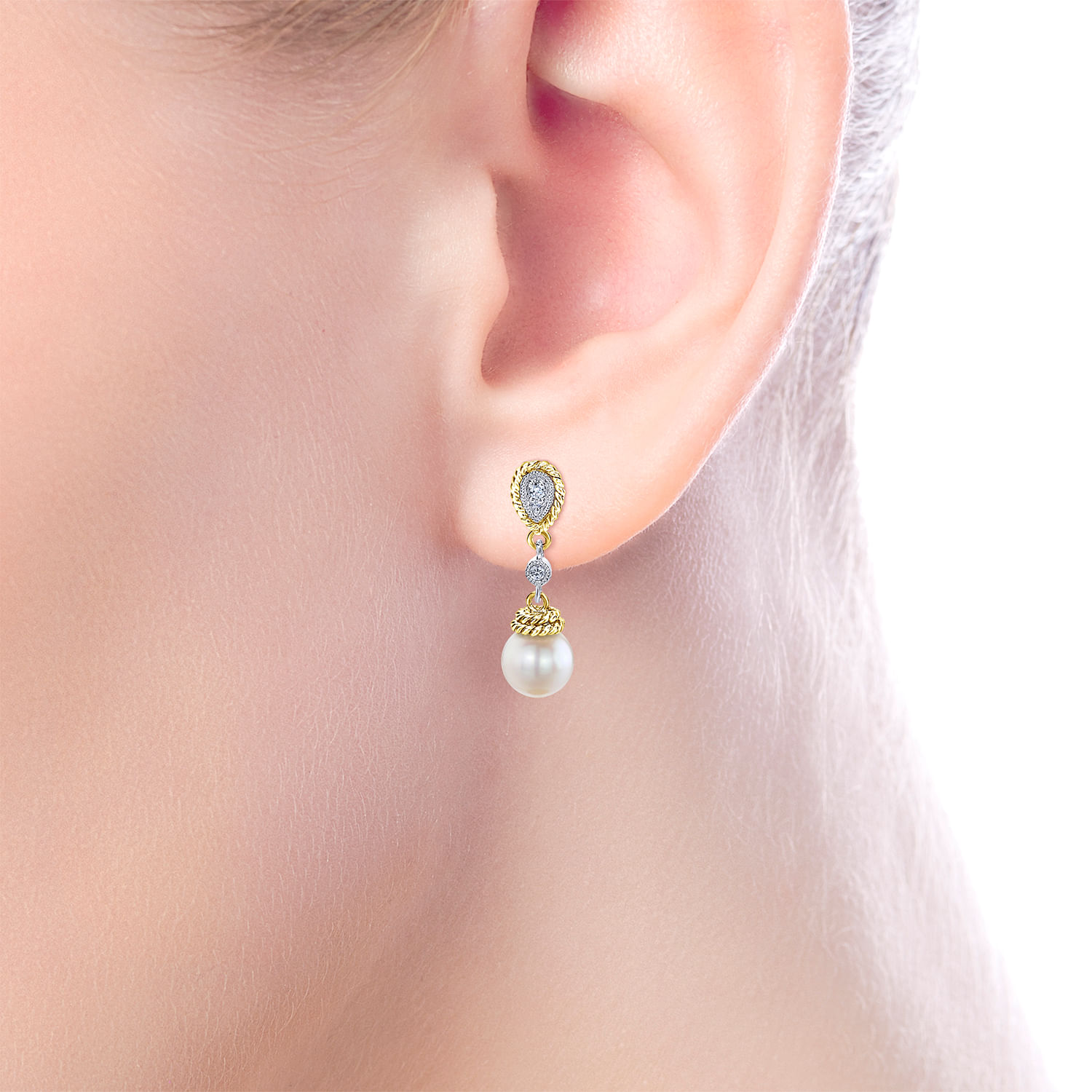 14K Yellow-White Gold Dangly Diamond and Pearl Drop Earrings