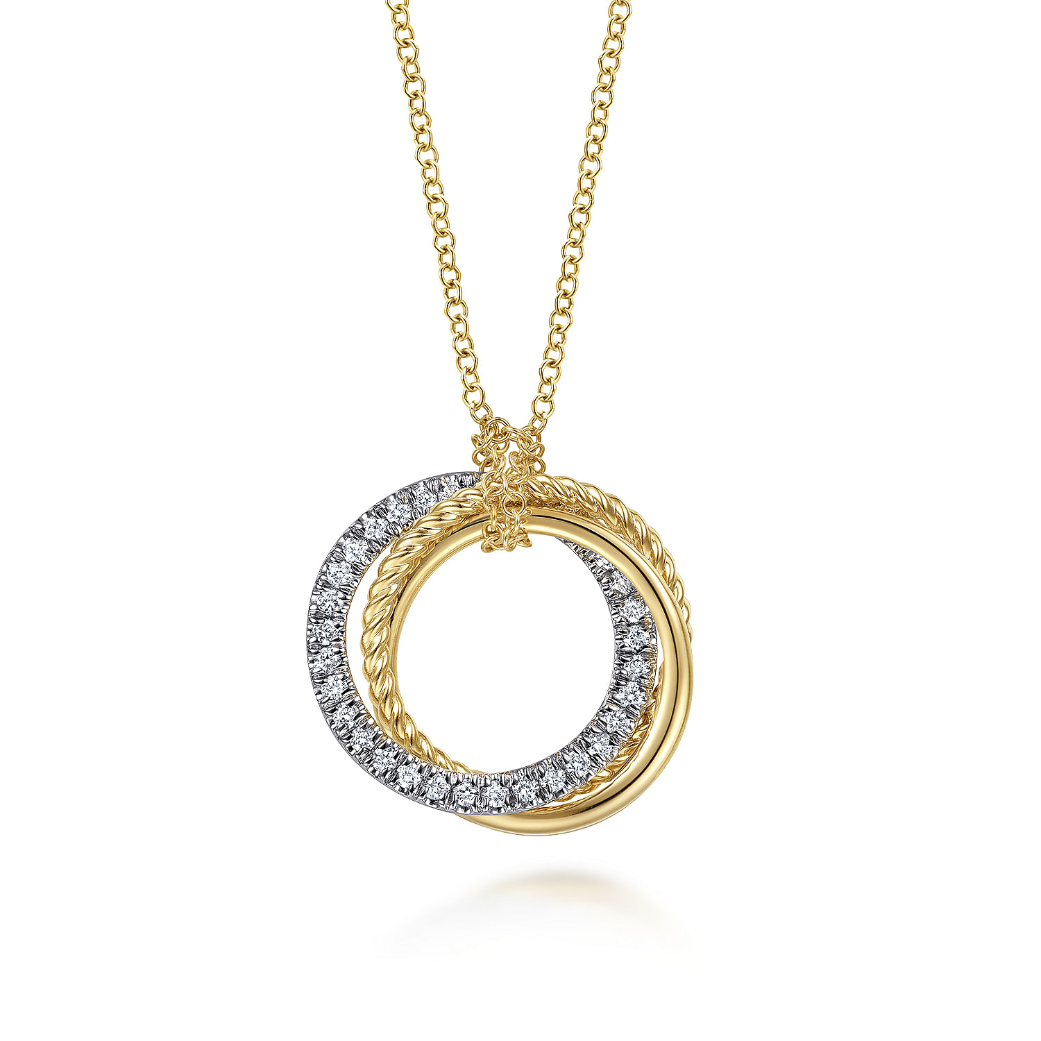 14K Yellow-White Gold Diamond Pavé and Twisted Rope Interlocking Circles Necklace
