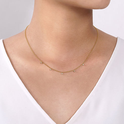 14K Yellow-White Gold Diamond Stations Droplet Necklace 