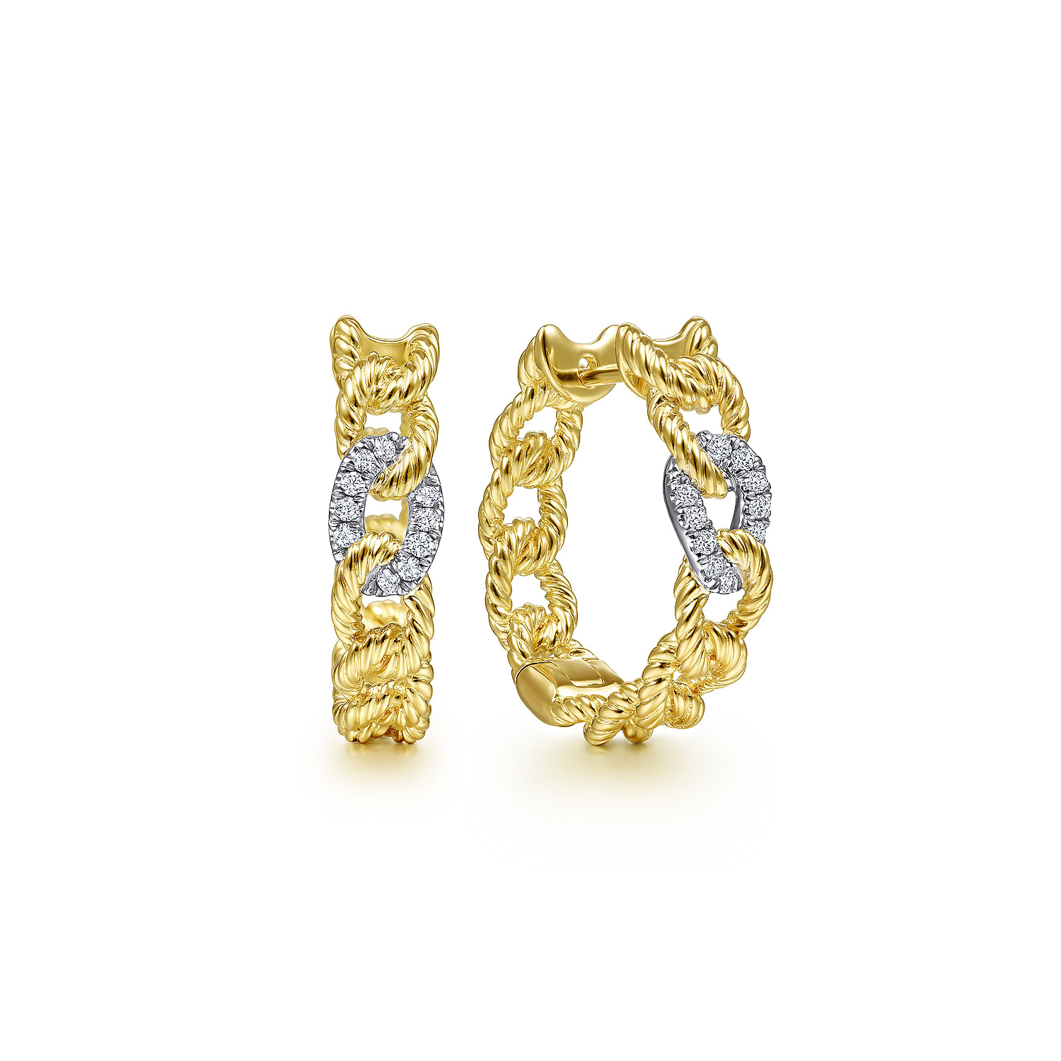 14K Yellow-White Gold Diamond and Twisted Rope Link Classic Hoop Earrings