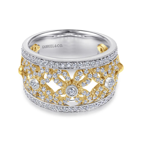 14K Yellow/White Gold Floral Openwork Wide Band Diamond Ring