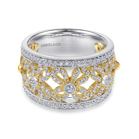 Gabriel - 14K Yellow/White Gold Floral Openwork Wide Band Diamond Ring