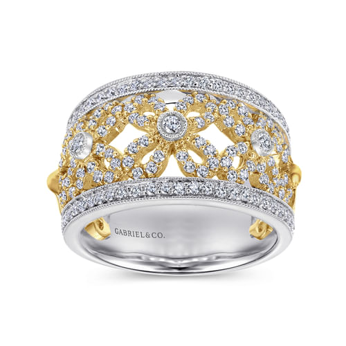14K Yellow/White Gold Floral Openwork Wide Band Diamond Ring