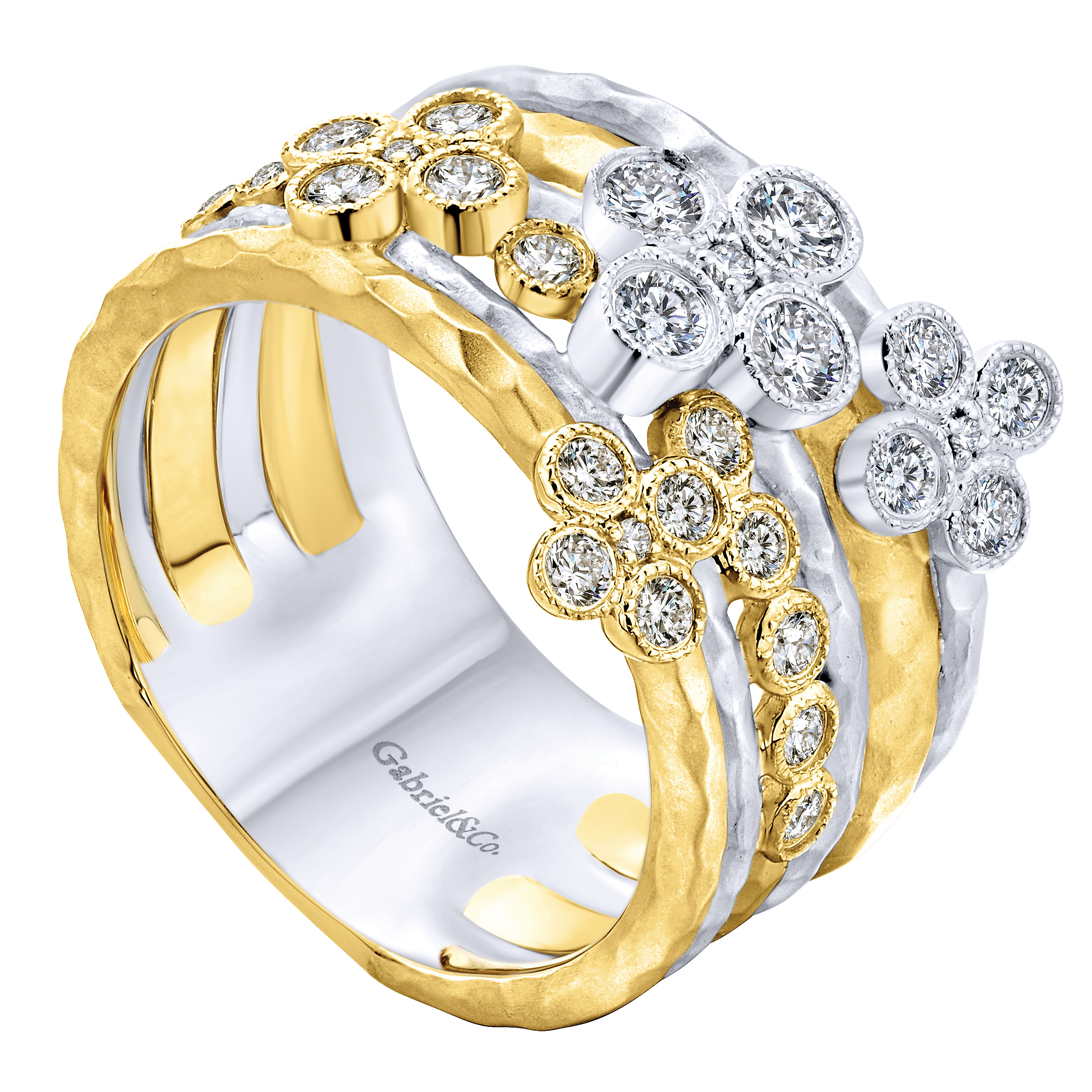 14K Yellow/White Gold Hammered Layered Bezel Set Diamond Wide Band Ring