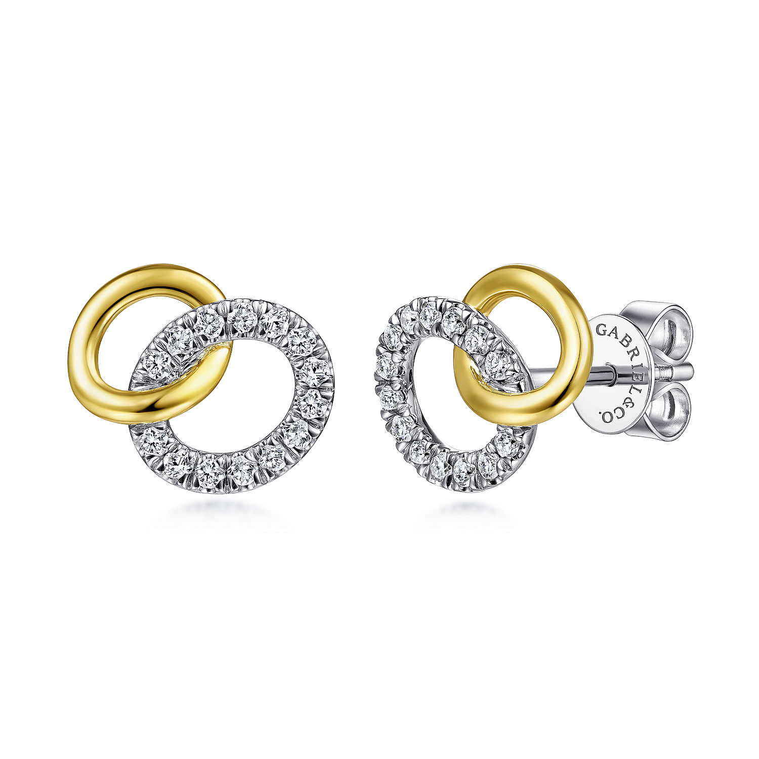 14K Yellow-White Gold Interlocking Links Diamond Stud Earrings