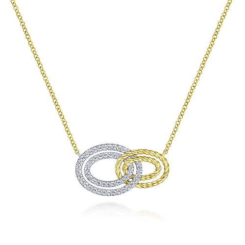 14K Yellow-White Gold Interlocking Oval Link Diamond Pendant Necklace