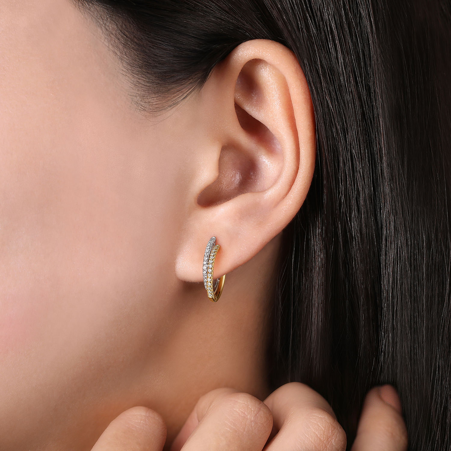14K Yellow-White Gold Layered 15mm Diamond Huggie Earrings