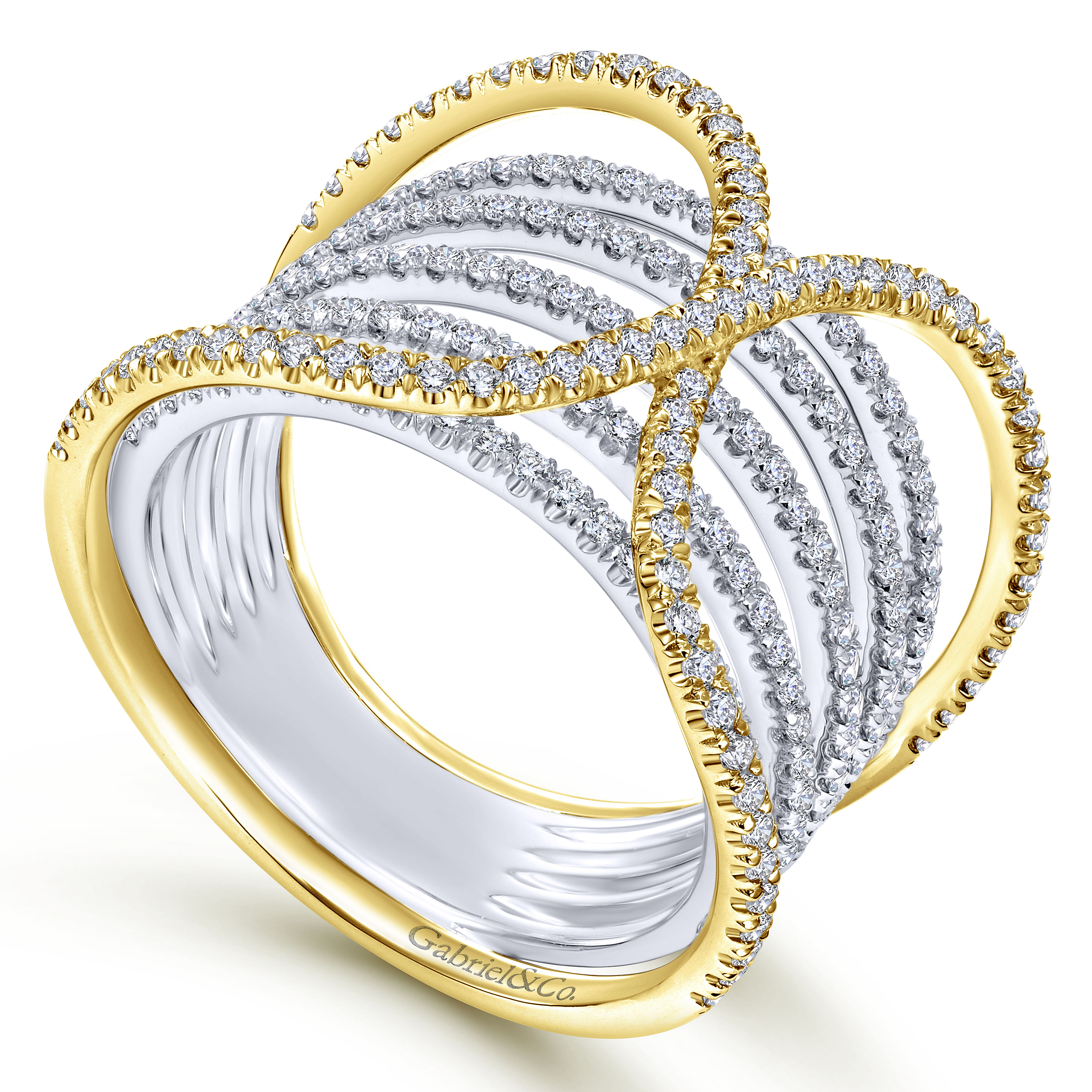 14K Yellow/White Gold Layered Criss Cross Diamond Wide Band Ring