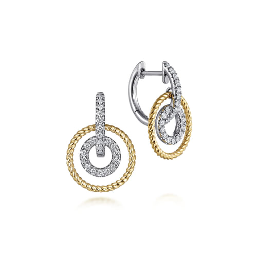 14K Yellow-White Gold Layered Loop 20mm Diamond Huggie Drop Earrings
