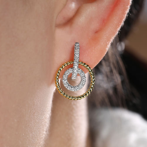 14K Yellow-White Gold Layered Loop 20mm Diamond Huggie Drop Earrings