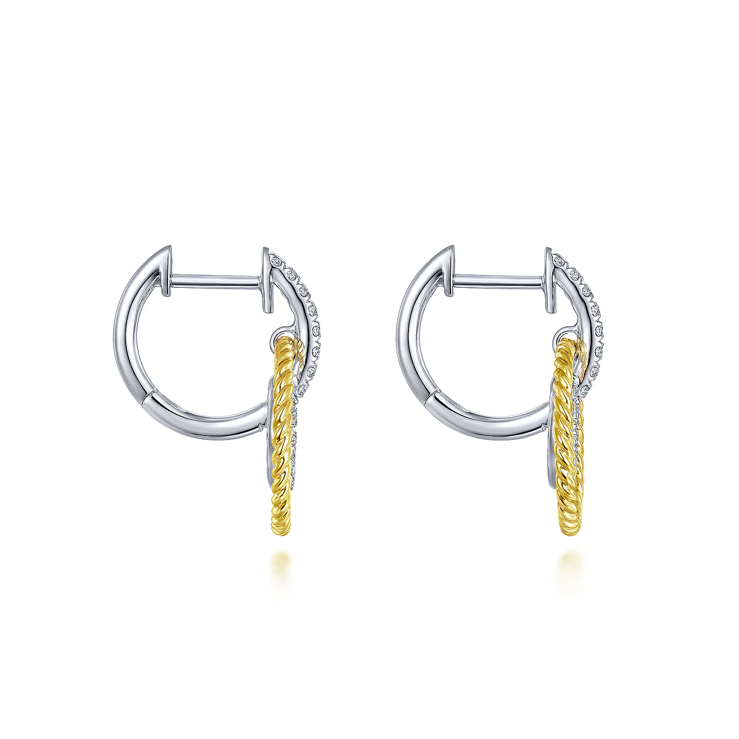 14K Yellow-White Gold Layered Loop 20mm Diamond Huggie Drop Earrings