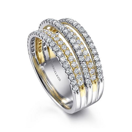 14K Yellow-White Gold Layered Wide Band Diamond Ring