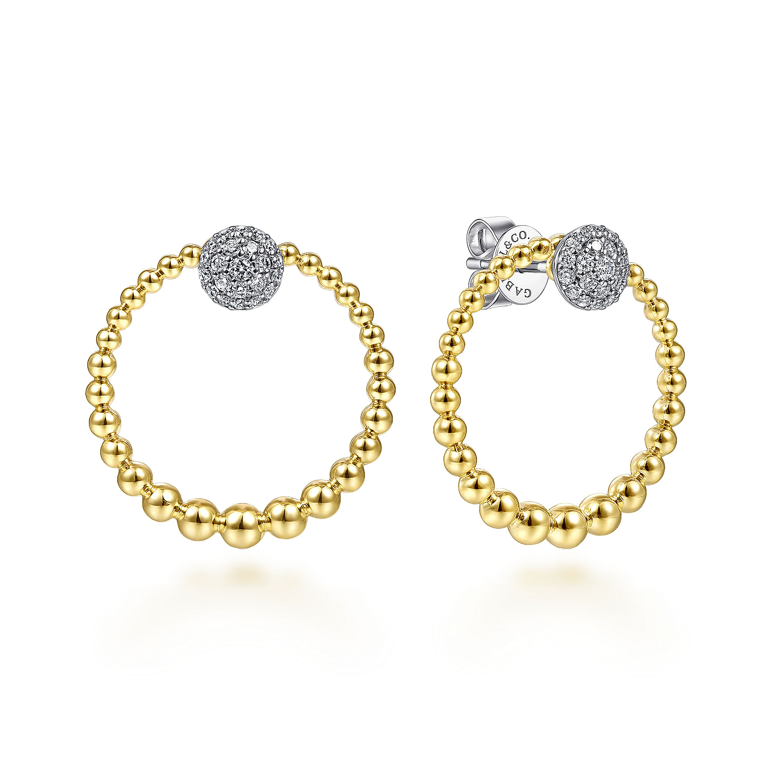 14K Yellow-White Gold Open Beaded Circle with Pavé Diamond Disc Stud Earrings
