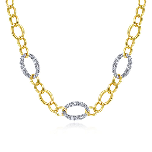 14K Yellow-White Gold Oval Chain Link Necklace with Diamond Pavé