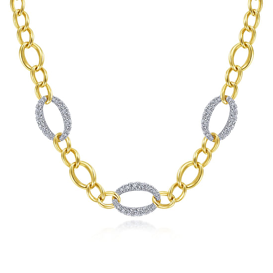 Gabriel - 14K Yellow-White Gold Oval Chain Link Necklace with Diamond Pavé