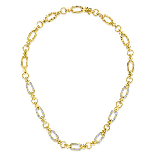 14K Yellow-White Gold Oval Chain Twisted Rope Link Necklace with Diamond Pavé