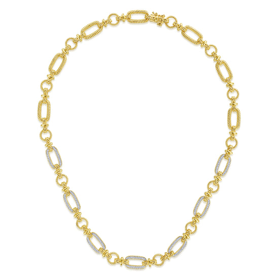 14K Yellow-White Gold Oval Chain Twisted Rope Link Necklace with Diamond Pavé angle 2