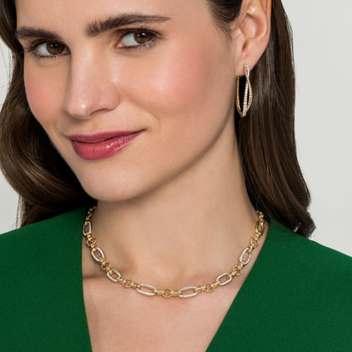 14K Yellow-White Gold Oval Chain Twisted Rope Link Necklace with Diamond Pavé