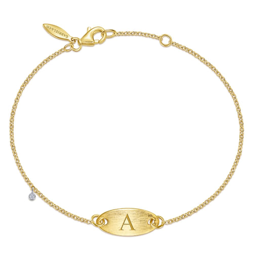 14K Yellow-White Gold Oval Nameplate Bracelet with Bezel Set Diamond Charm
