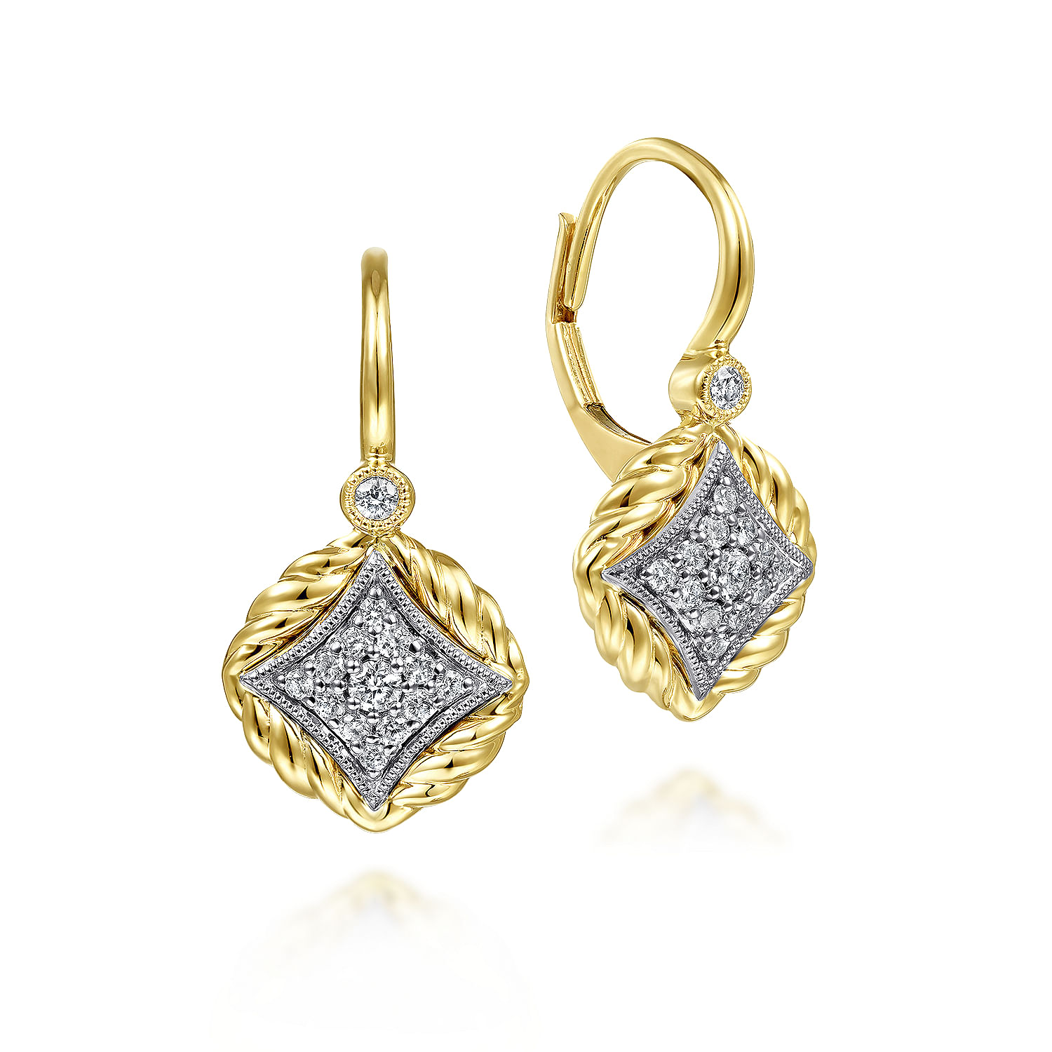 14K Yellow-White Gold Pavé Diamond Leverback Earrings