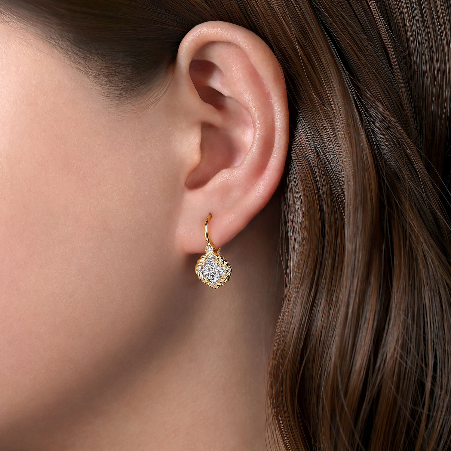 14K Yellow-White Gold Pavé Diamond Leverback Earrings