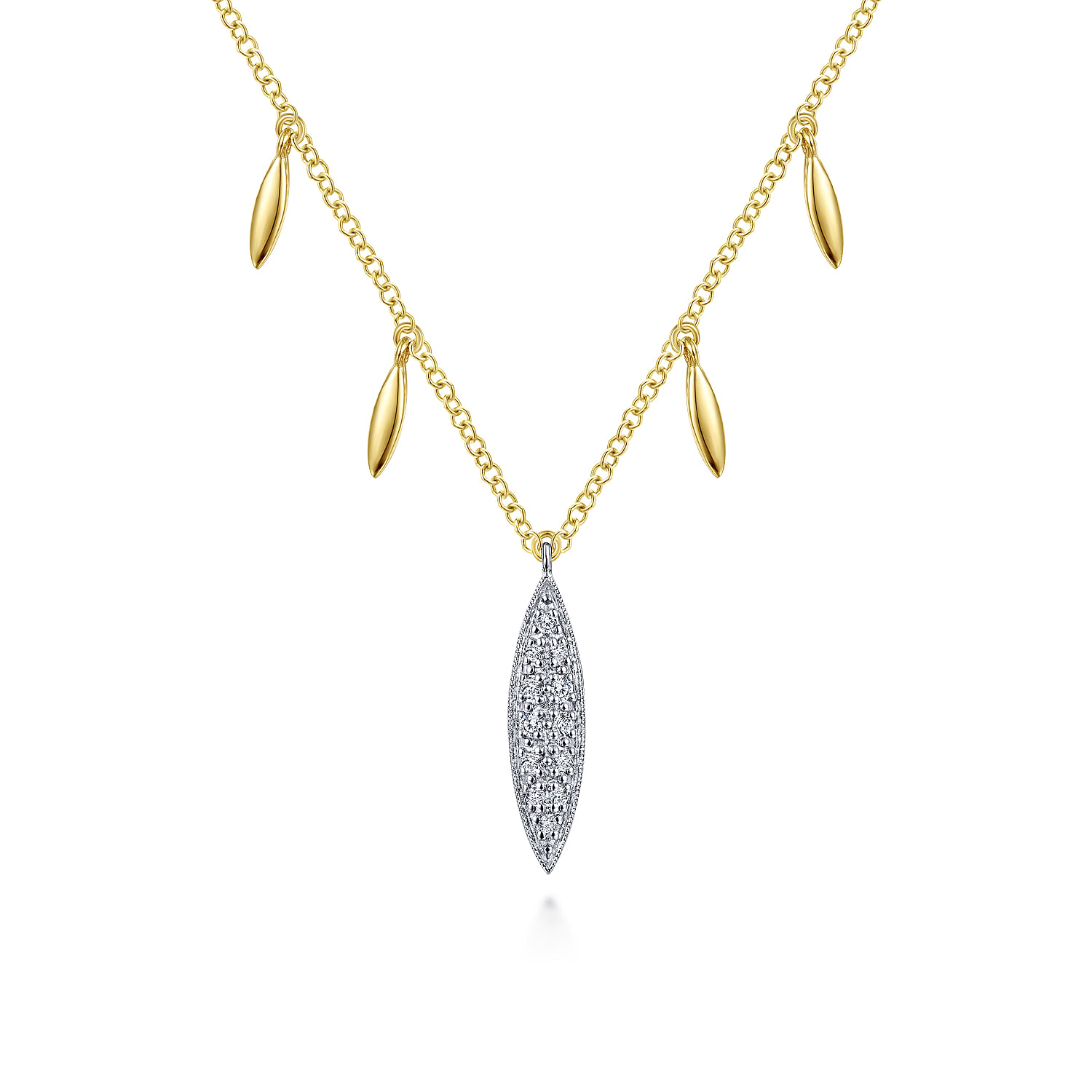 14K Yellow-White Gold Pavé Diamond Marquise Pendant Necklace with Side Drops