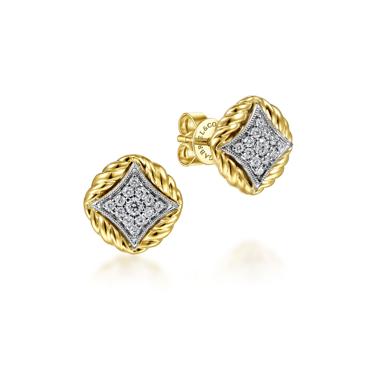14K Yellow-White Gold Pavé Diamond Stud Earrings with Twisted Rope