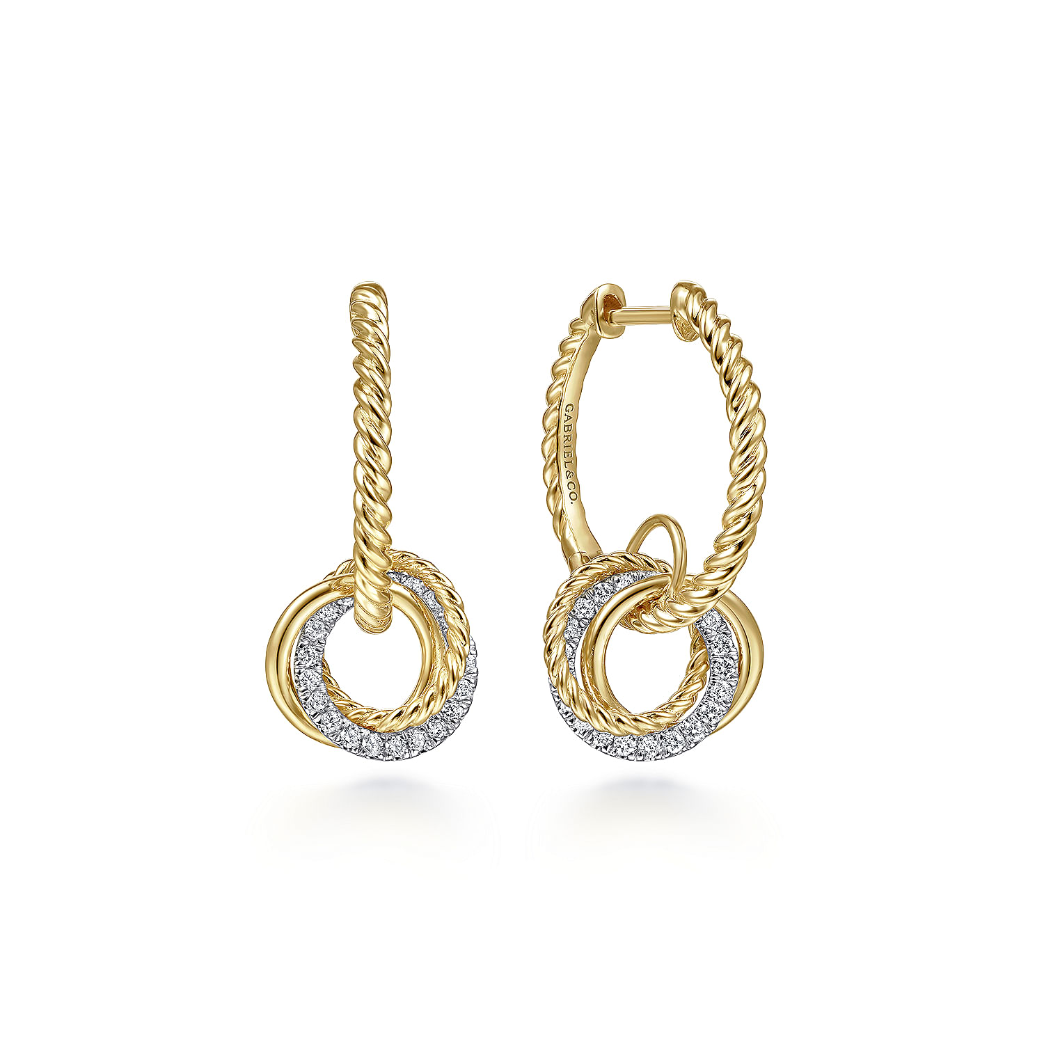 Gabriel - 14K Yellow-White Gold Rope Huggie Earrings with Diamond and Plain Gold Knot Design.