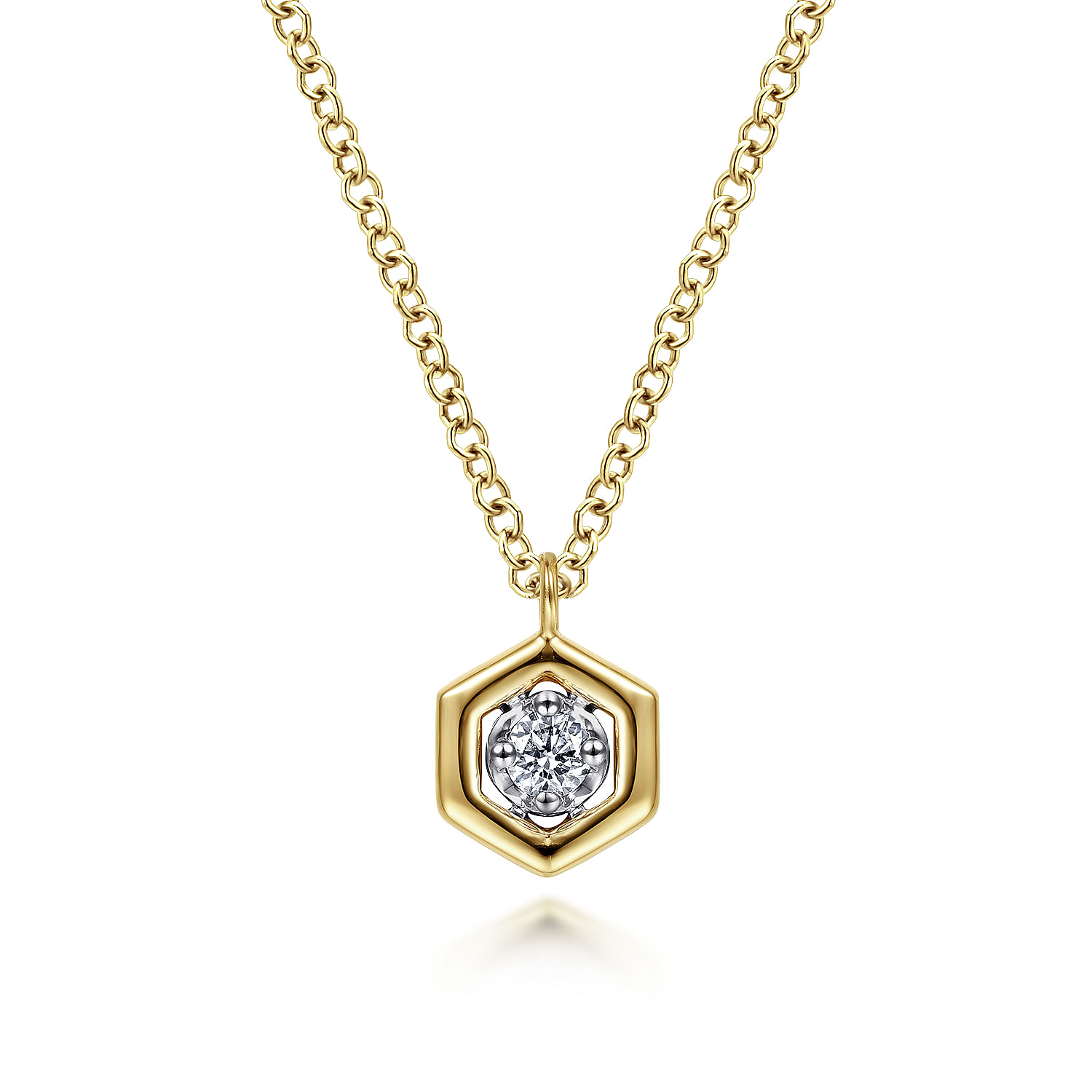 14K Yellow-White Gold Round Diamond Pendant Necklace with Hexagonal Frame
