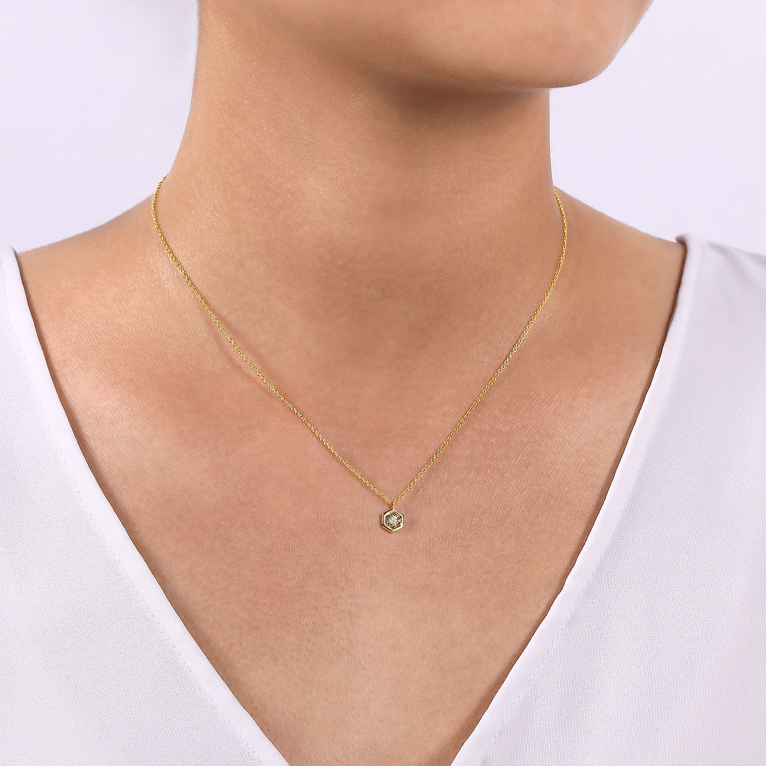14K Yellow-White Gold Round Diamond Pendant Necklace with Hexagonal Frame