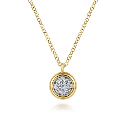 14K Yellow-White Gold Round Pavé Diamond Cluster Pendant Necklace with Bezel Frame