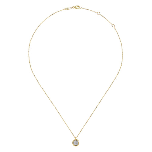 14K Yellow-White Gold Round Pavé Diamond Cluster Pendant Necklace with Bezel Frame