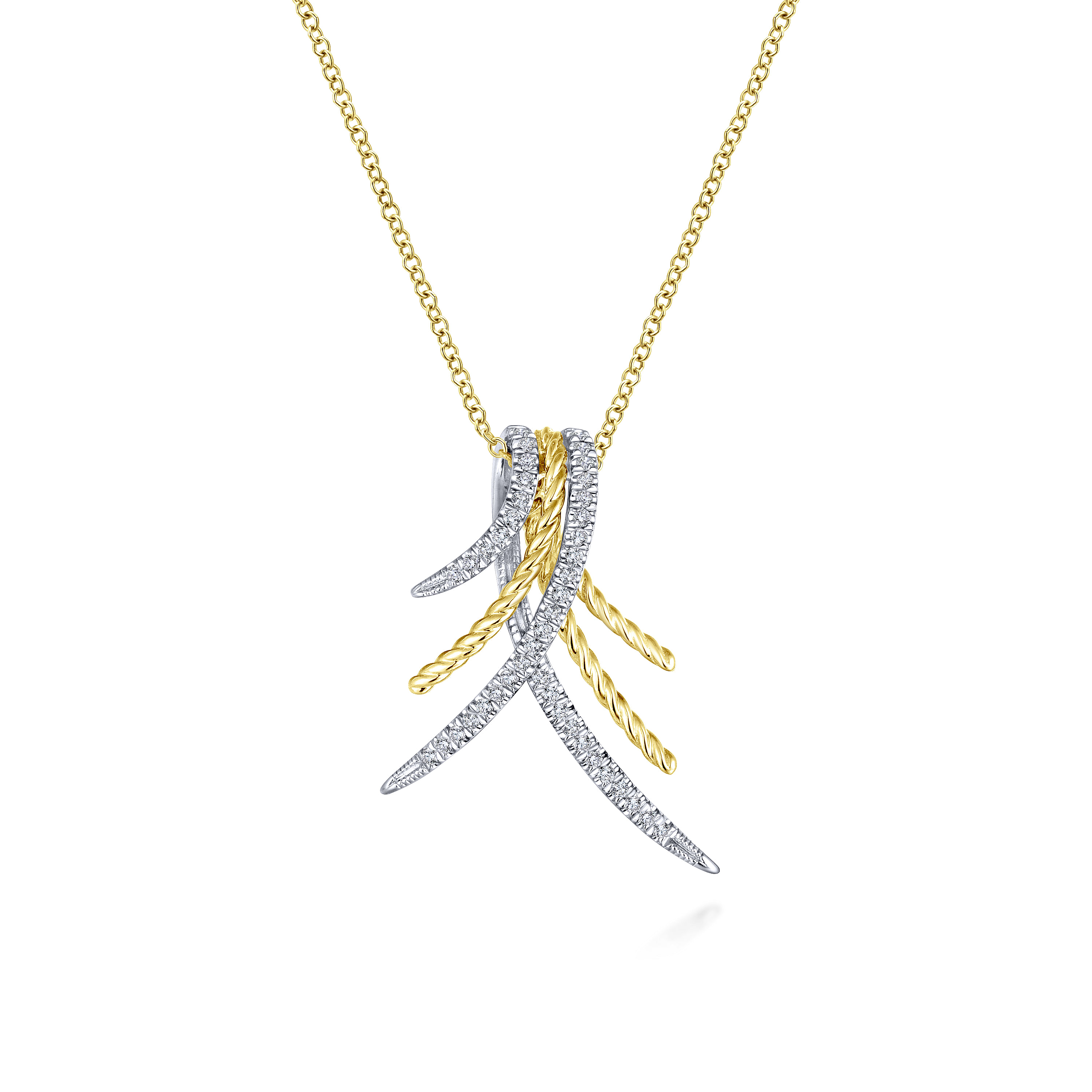 14K Yellow-White Gold Sculptural Pavé Diamond Pendant Necklace