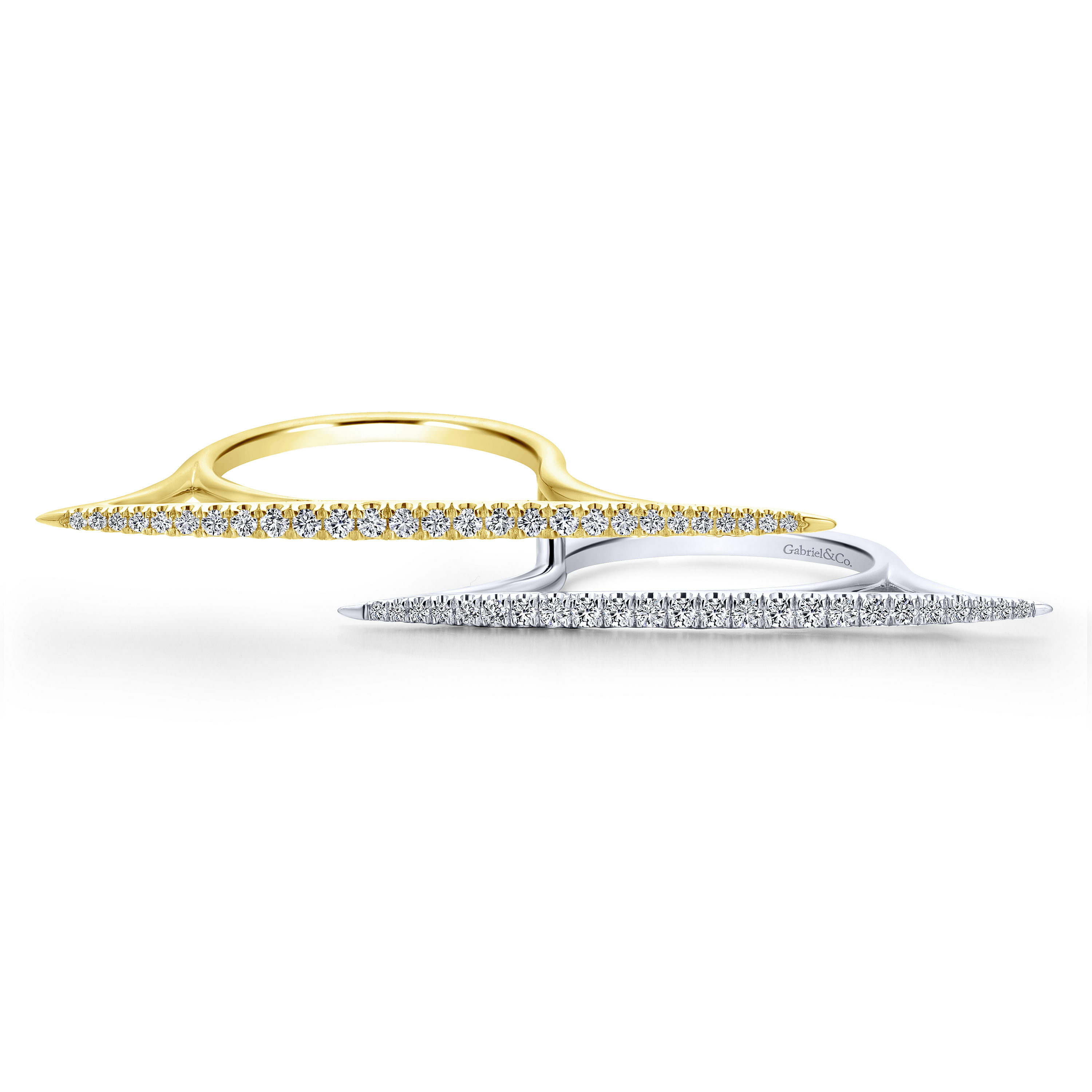 14K Yellow-White Gold Staggered Double Finger Tapered Bar Diamond Ring