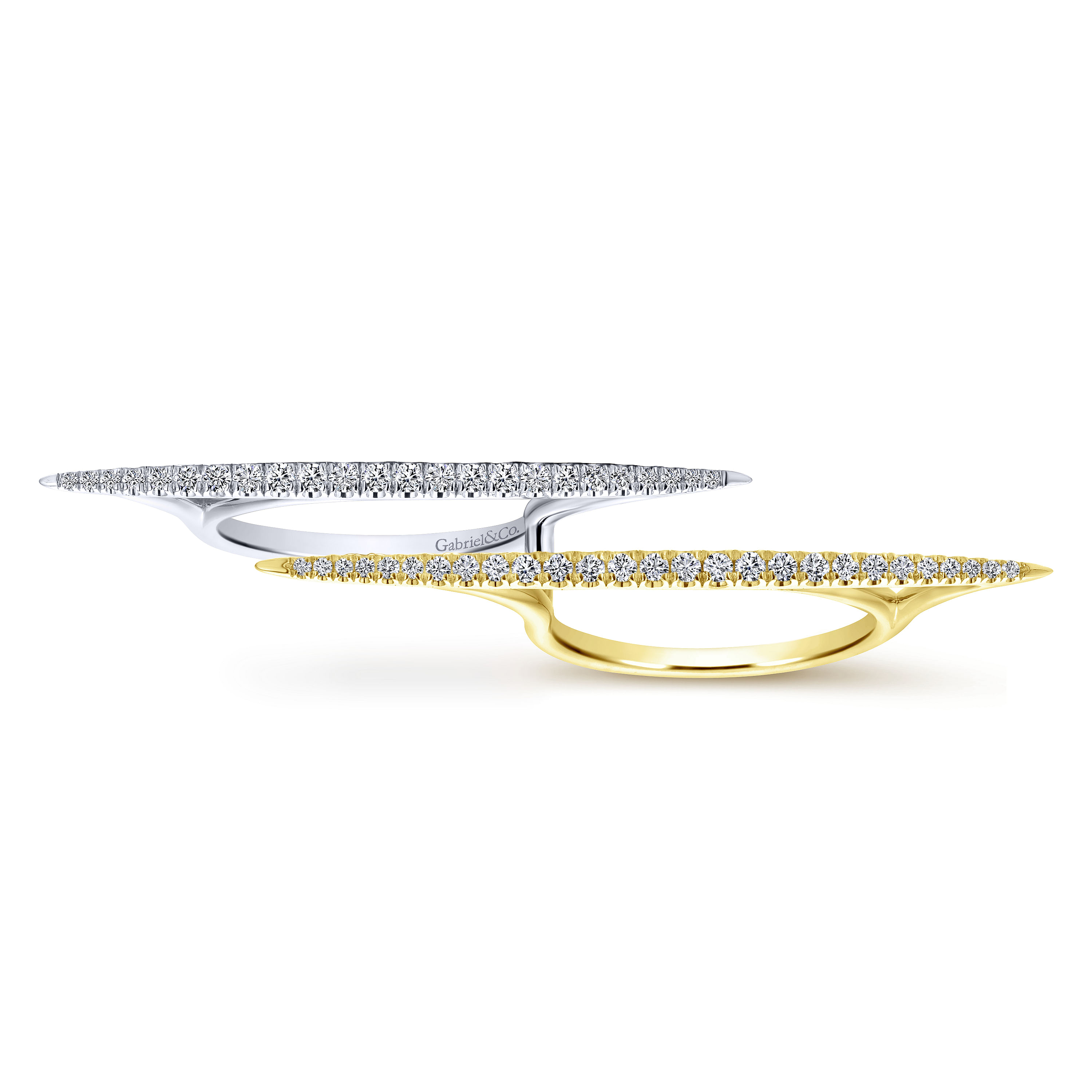 14K Yellow-White Gold Staggered Double Finger Tapered Bar Diamond Ring