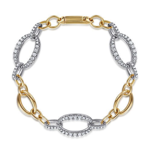 14K Yellow-White Gold Station Bracelet with Diamond Oval Links