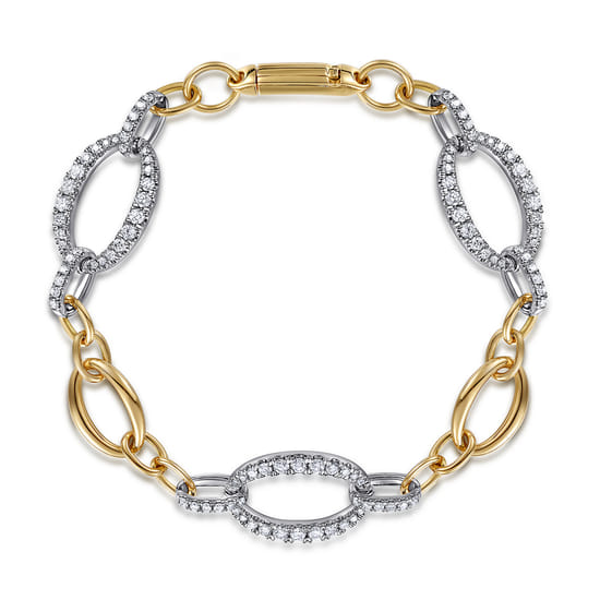 14K Yellow-White Gold Station Bracelet with Diamond Oval Links