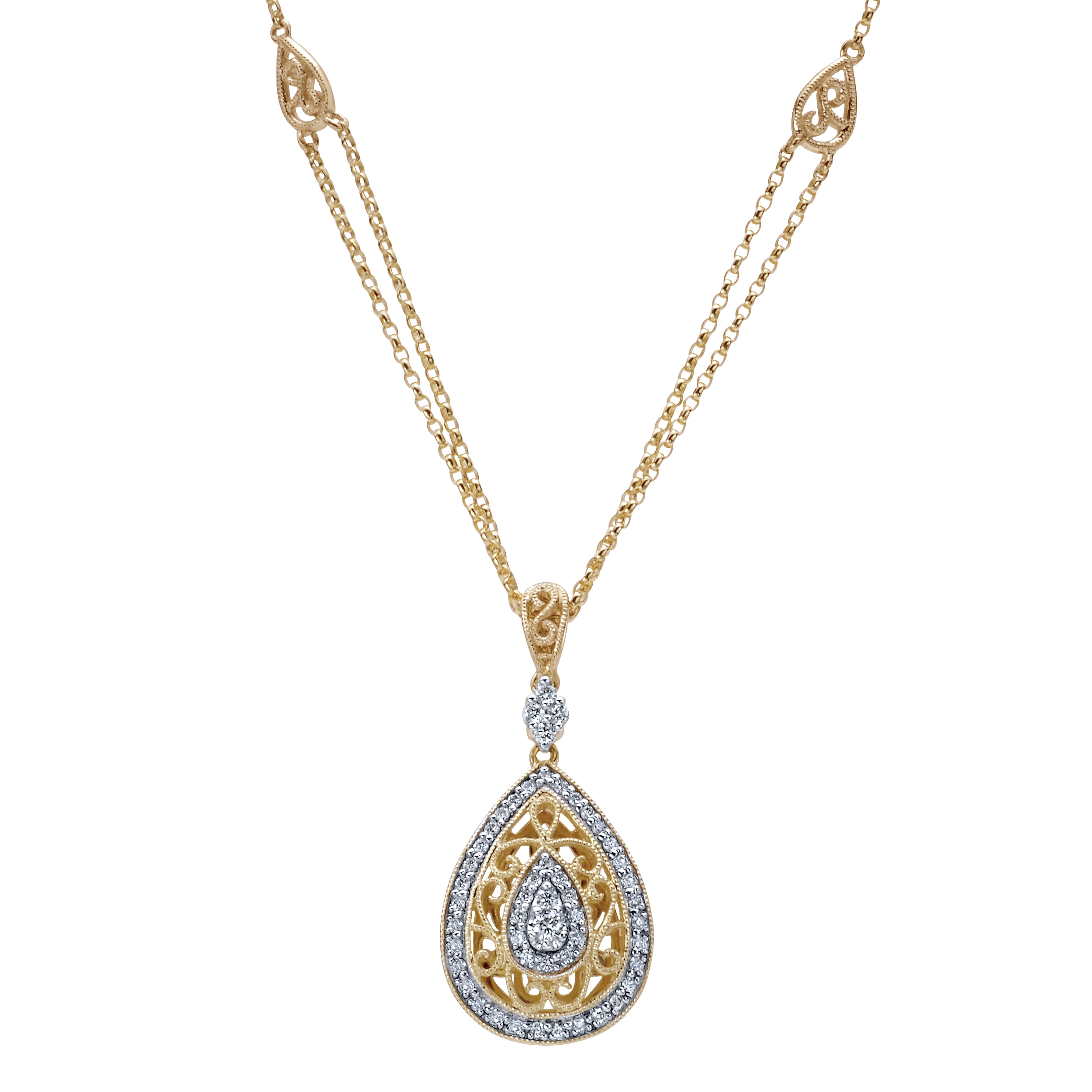 14K Yellow-White Gold Teardrop Filligree and Diamond Pendant Necklace