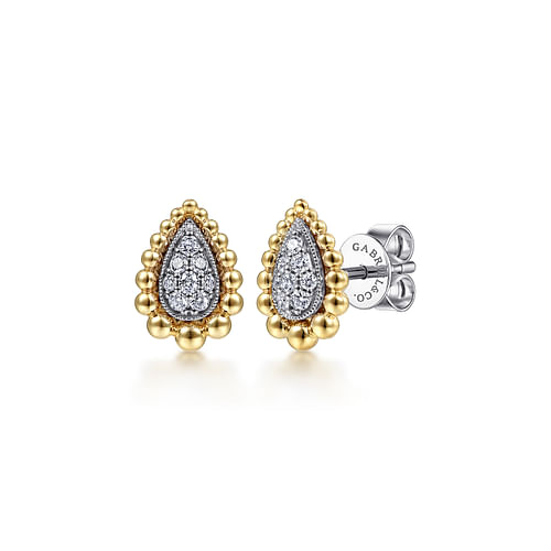 14K Yellow-White Gold Teardrop Shape Beaded Frame Diamond Stud Earrings