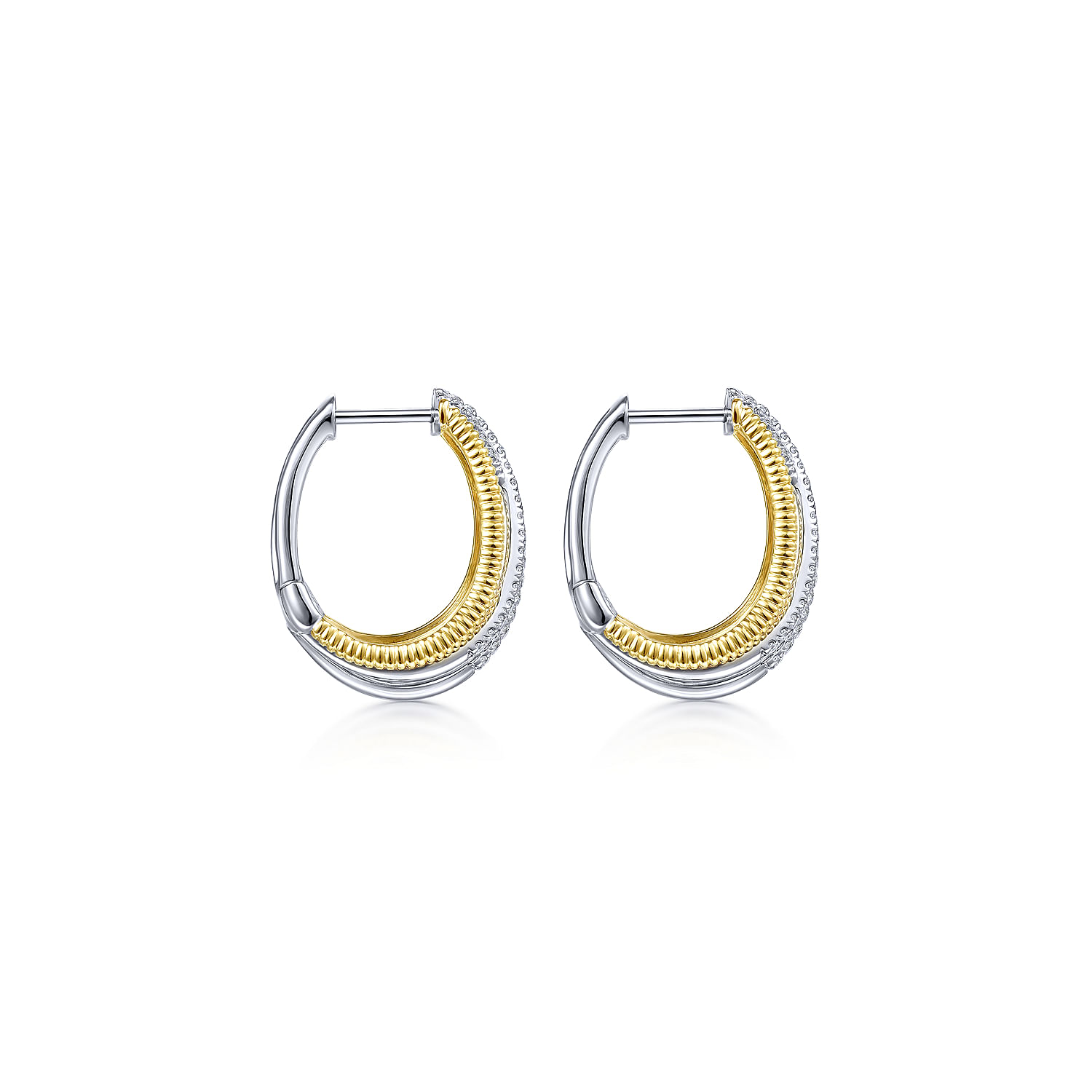 14K Yellow-White Gold Twisted 20mm Diamond Intricate Hoop Earrings