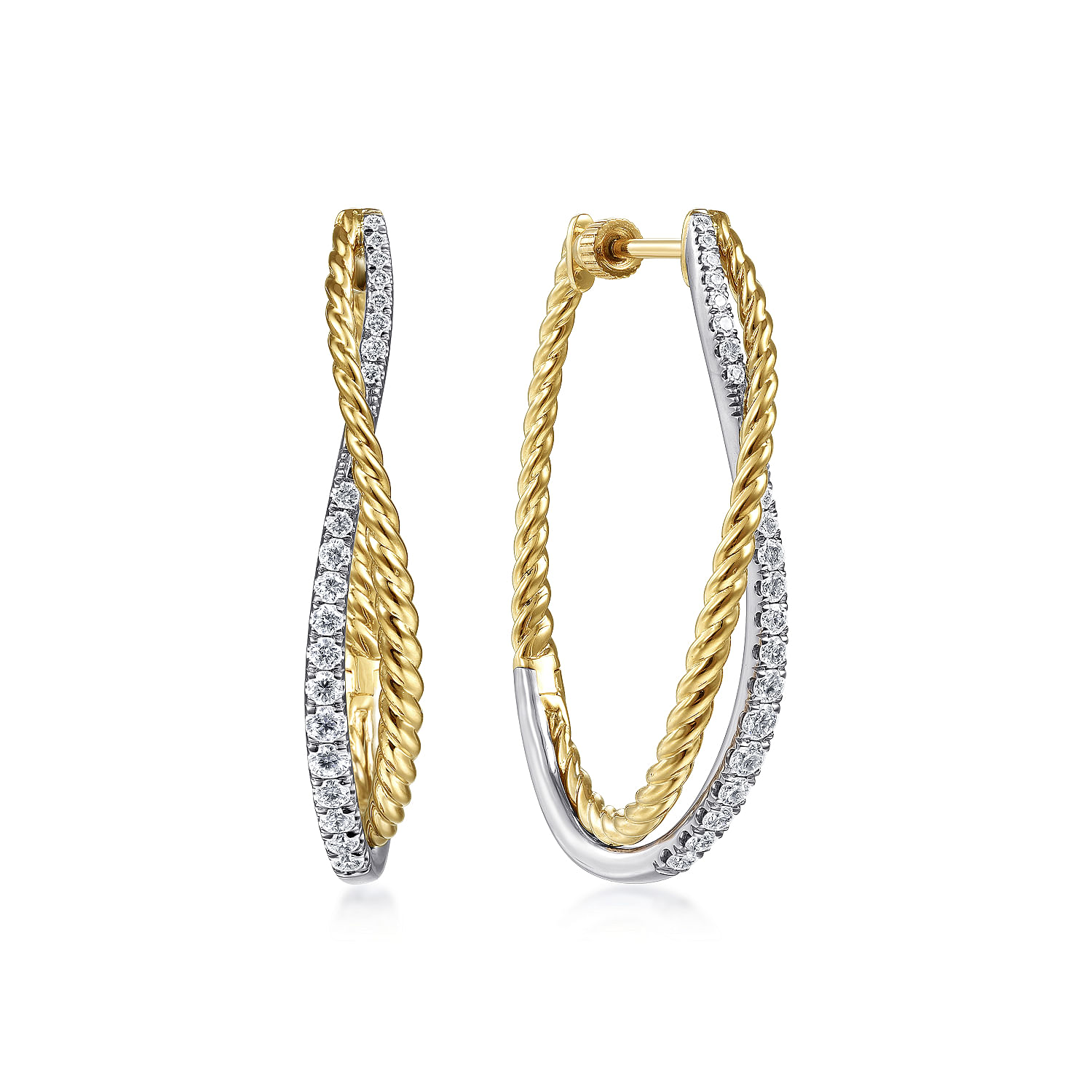 14K Yellow-White Gold Twisted 35mm Classic Diamond Hoop Earrings