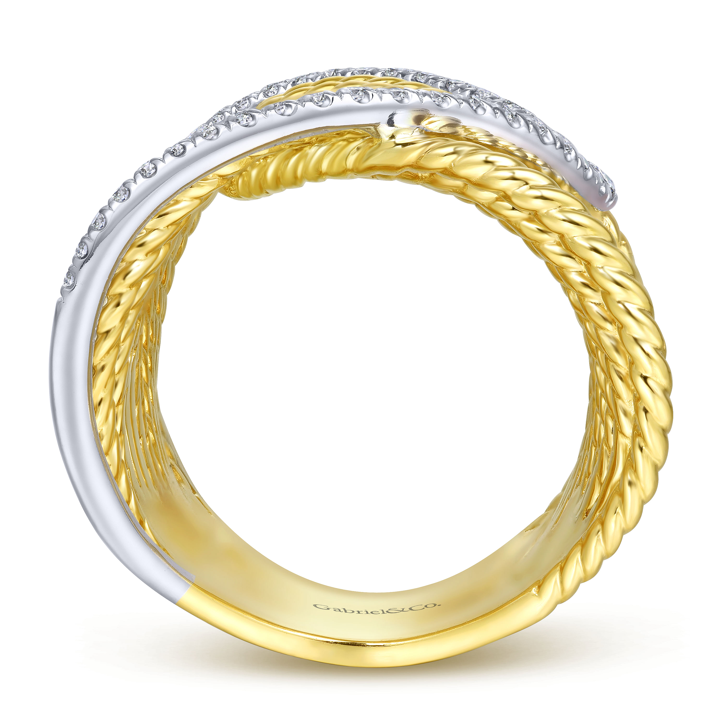 14K Yellow/White Gold Twisted Layered Wide Band Diamond Ring