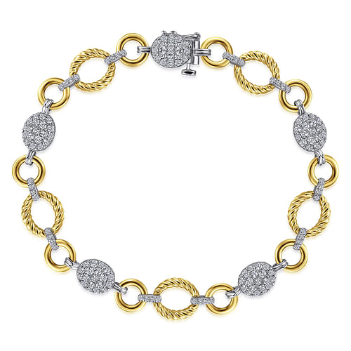 14K Yellow-White Gold Twisted Rope Link Bracelet with Pavé Diamond Cluster Stations