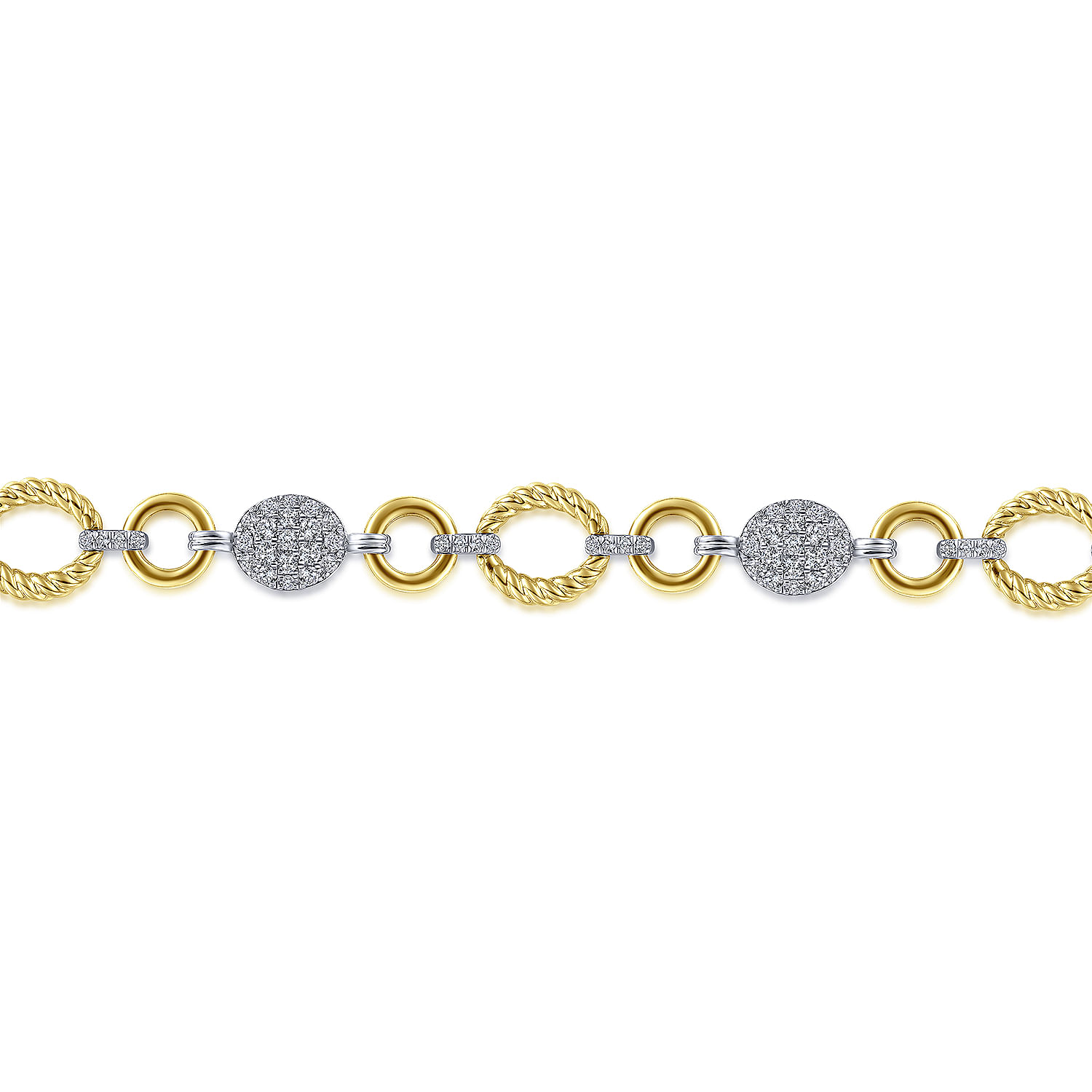 14K Yellow-White Gold Twisted Rope Link Bracelet with Pavé Diamond Cluster Stations