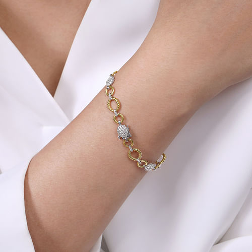 14K Yellow-White Gold Twisted Rope Link Bracelet with Pavé Diamond Cluster Stations