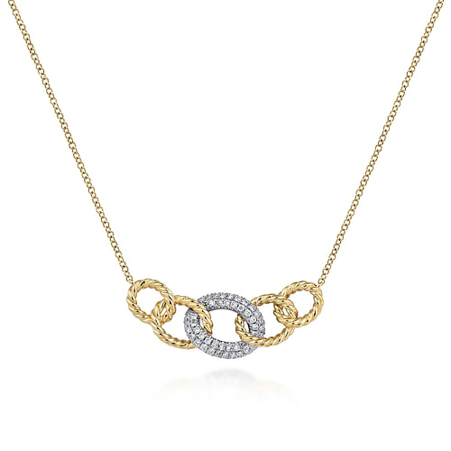 14K Yellow-White Gold Twisted Rope Link Necklace with Pavé Diamond Link Station