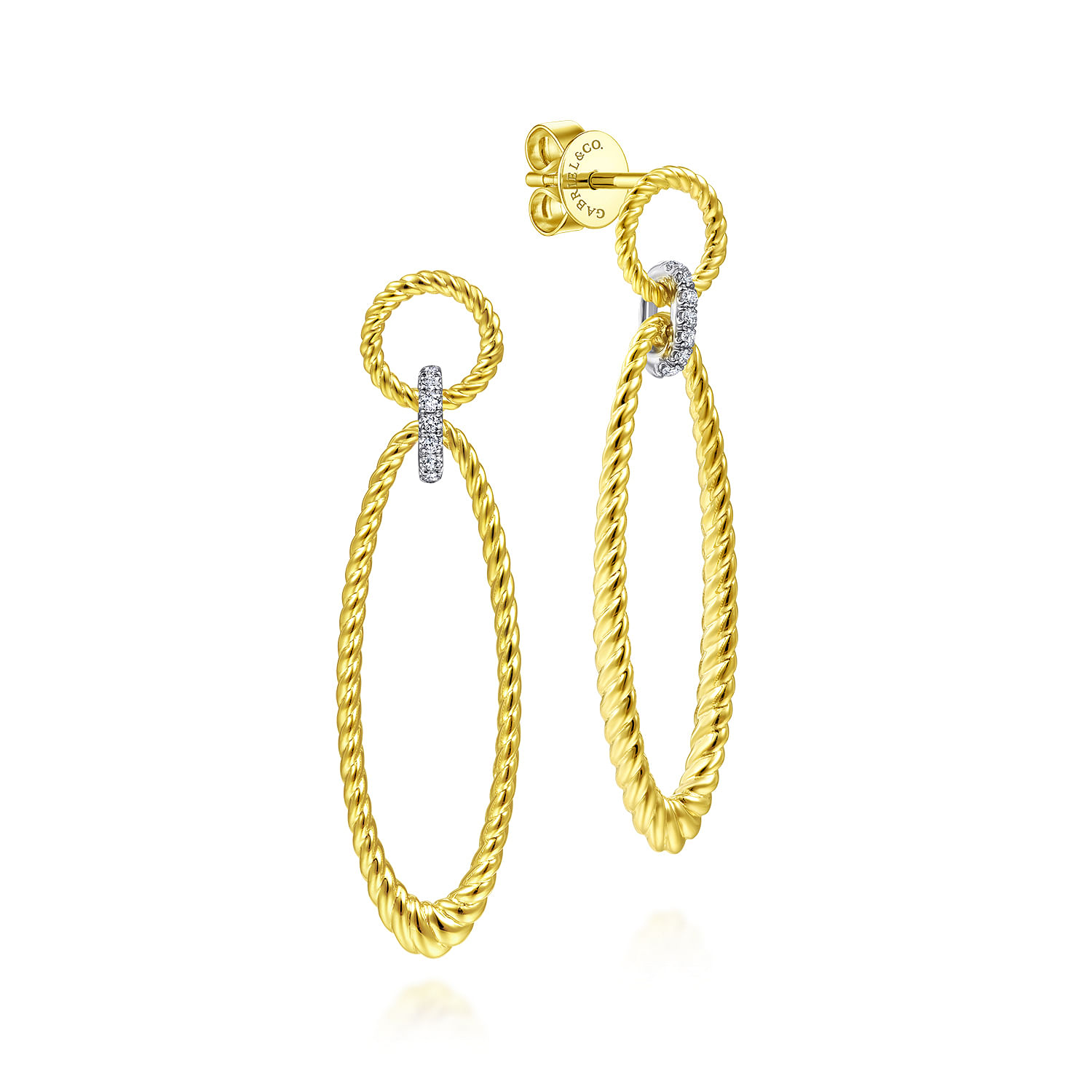 14K Yellow-White Gold Twisted Rope Open Shape Earrings with Diamond Connector